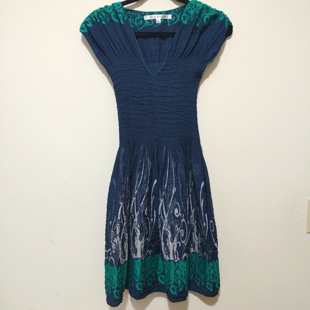 Max Studio Dress, Cinched Waist, Blue Green, V Neck, Size Small, A03-0018